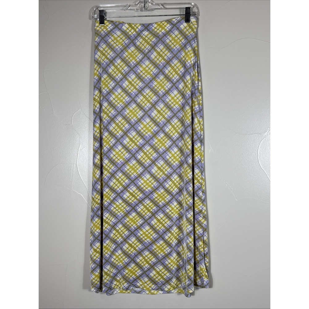 Maxi‎ Nylon Skirt By outlander Purple Yellow Plaid Slinky Small 28" Waist